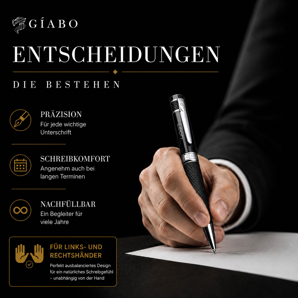 Personalisierter Gíabo Mokuzai Kugelschreiber mit Gravur beim Schreiben im Business-Alltag