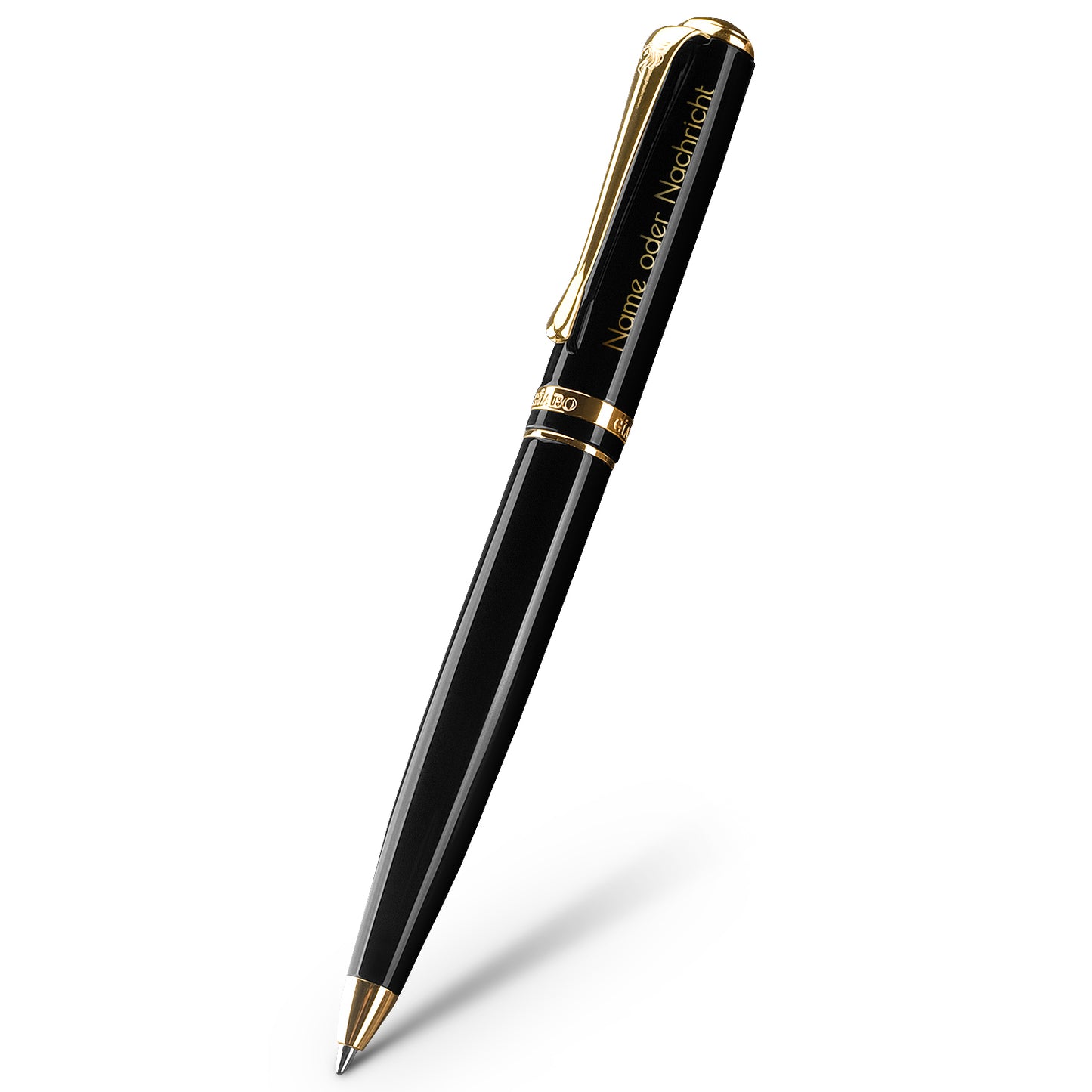 Personalisierter Gíabo Daichi Kugelschreiber in Schwarz und Gold mit individueller Gravur freigestellt