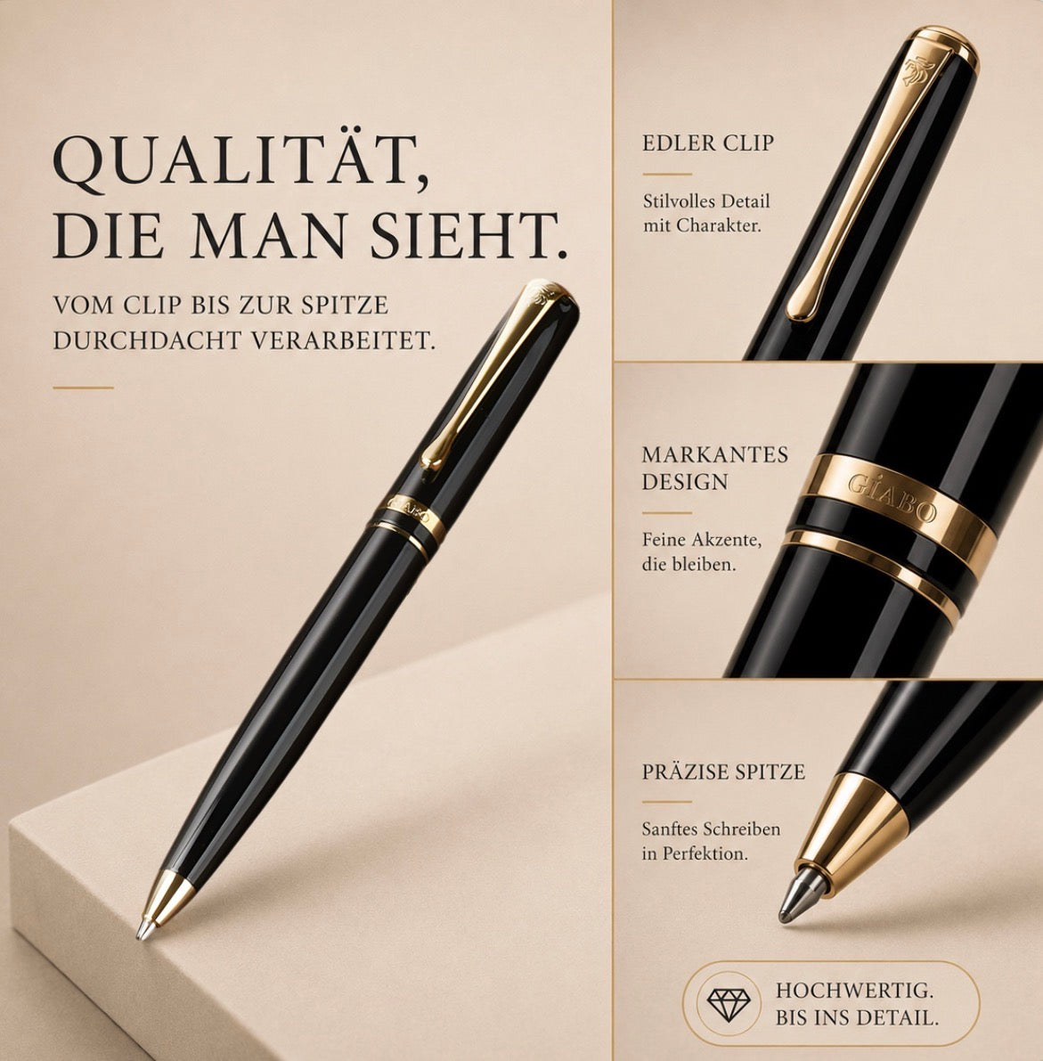 Detailansichten des Gíabo Daichi Kugelschreibers mit goldenem Clip Mittelring und Schreibspitze