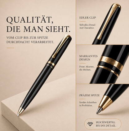 Detailansichten des Gíabo Daichi Kugelschreibers mit goldenem Clip Mittelring und Schreibspitze