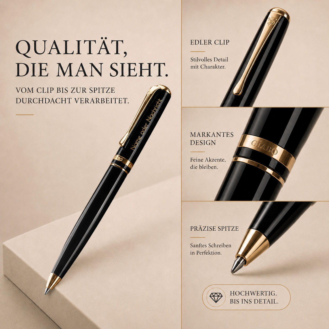 Detailansichten des personalisierten Gíabo Daichi Kugelschreibers mit Gravur, Clip und Spitze
