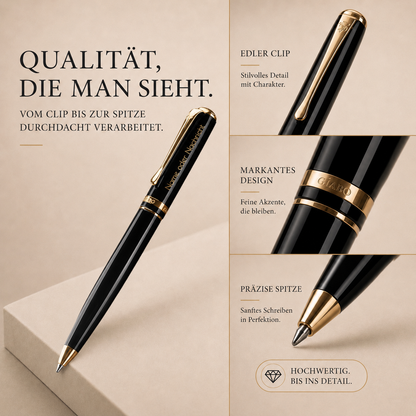 Detailansichten des personalisierten Gíabo Daichi Kugelschreibers mit Gravur, Clip und Spitze