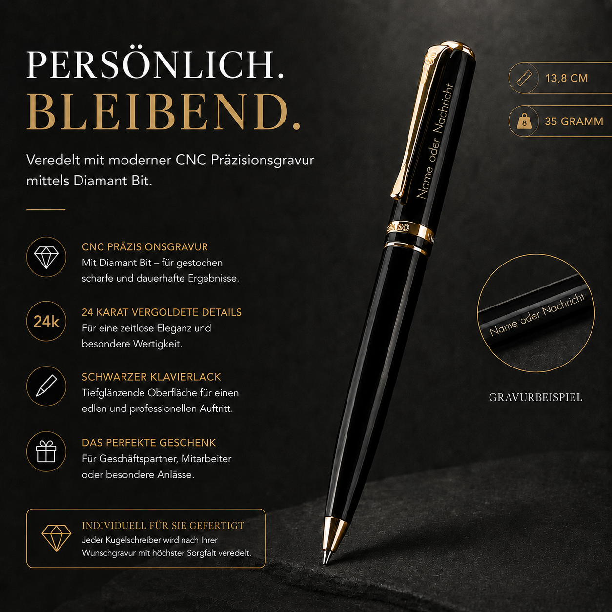 Produktdetails des personalisierten Gíabo Daichi Kugelschreibers mit Gravur, Größe, Gewicht und hochwertigen Materialien
