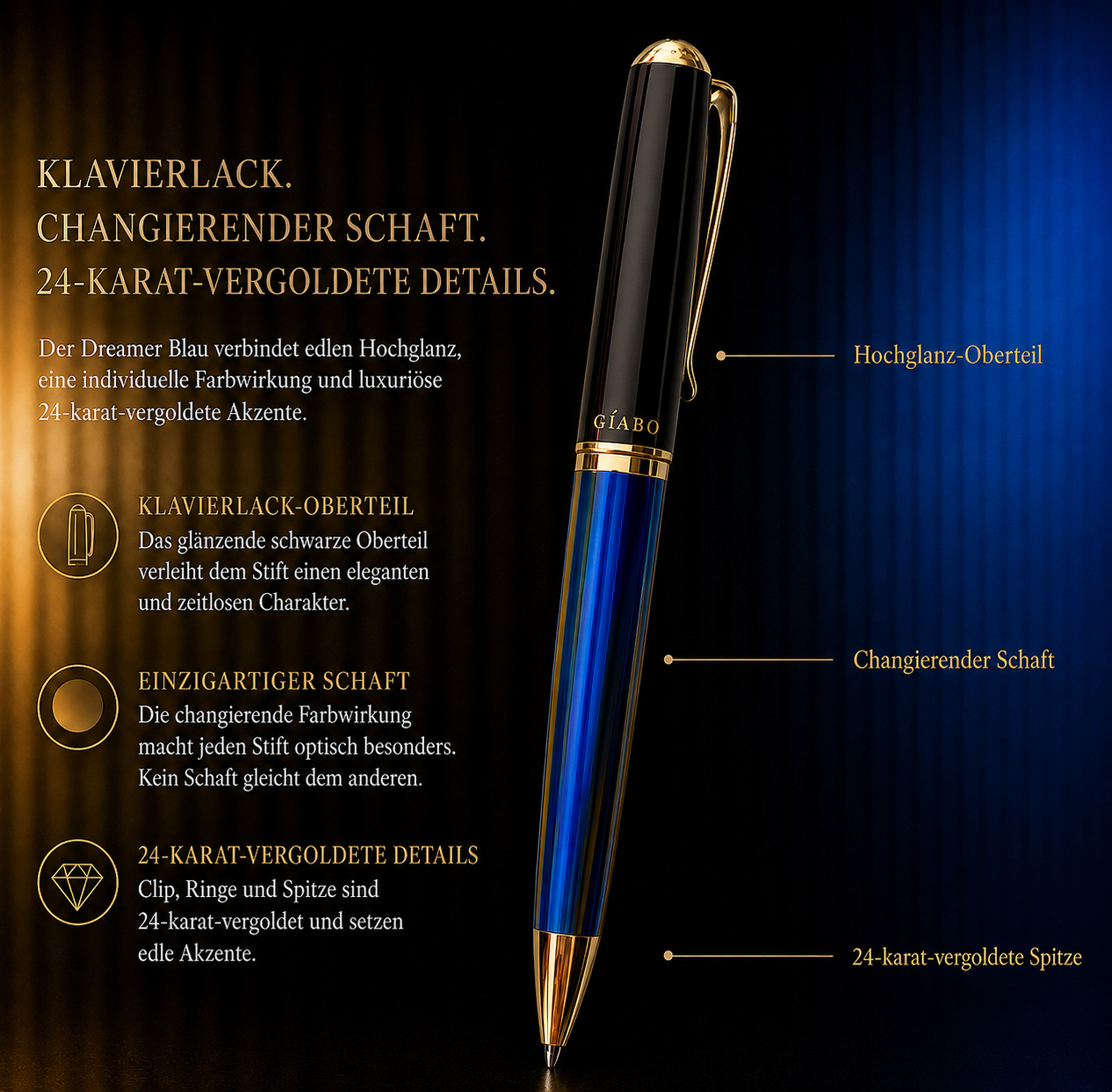 Details des Gíabo Dreamer Blau Kugelschreibers mit Klavierlack, changierendem Schaft und 24 Karat vergoldeten Akzenten