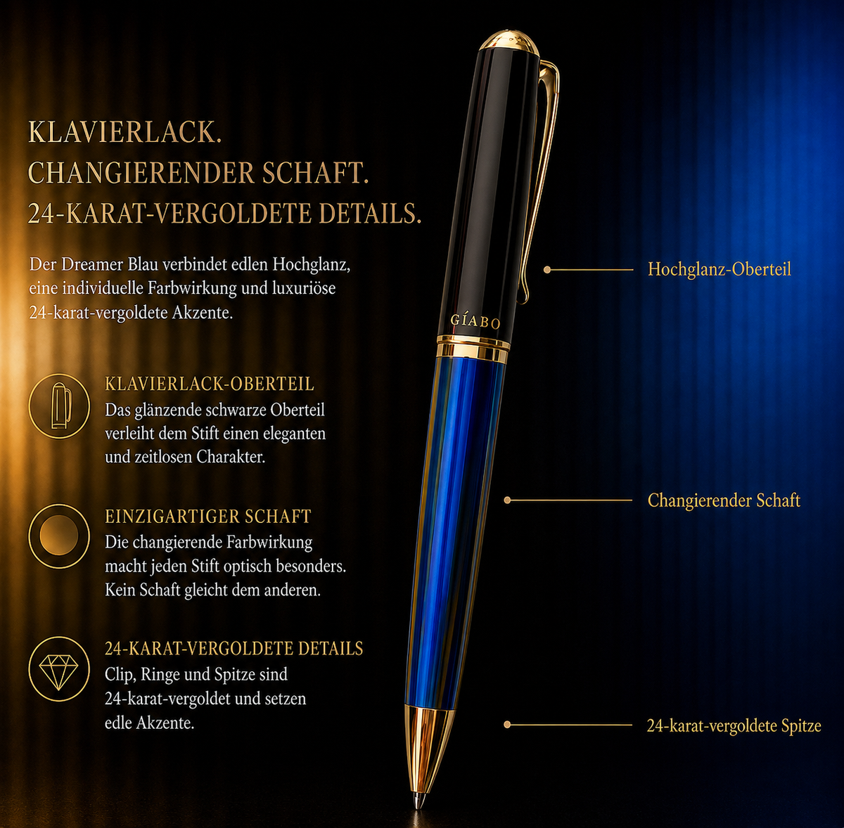 Details des Gíabo Dreamer Blau/Schwarz Kugelschreibers mit Klavierlack, changierendem Schaft und 24 Karat vergoldeten Akzenten
