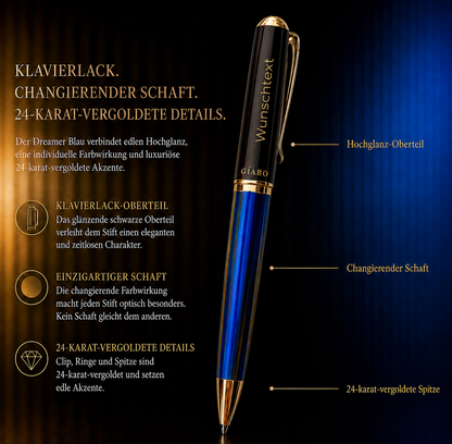 Gíabo Dreamer Blau/Schwarz mit Wunschtext-Gravur sowie Klavierlack und vergoldeten Details