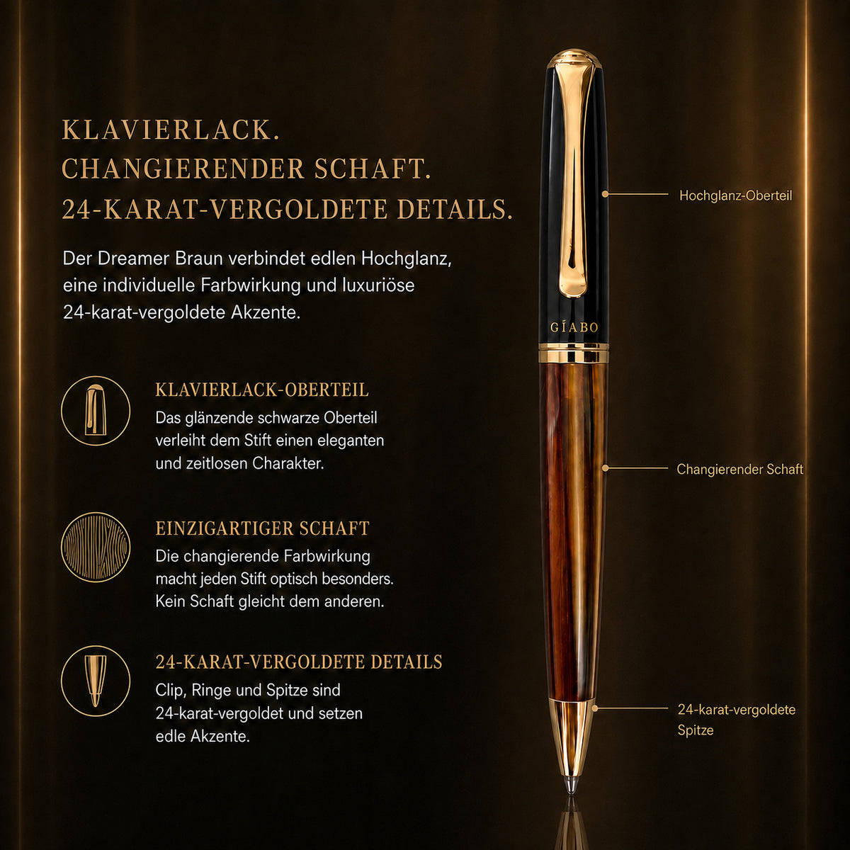 Details des Gíabo Dreamer Braun/Schwarz Kugelschreibers mit Klavierlack, changierendem Schaft und 24 Karat vergoldeten Akzenten