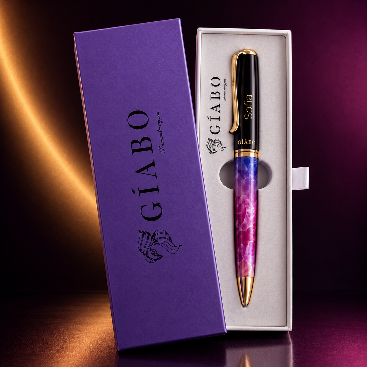 Gíabo Dreamer Rosa/Blau Kugelschreiber mit Gravur Sofia in geöffneter Geschenkbox