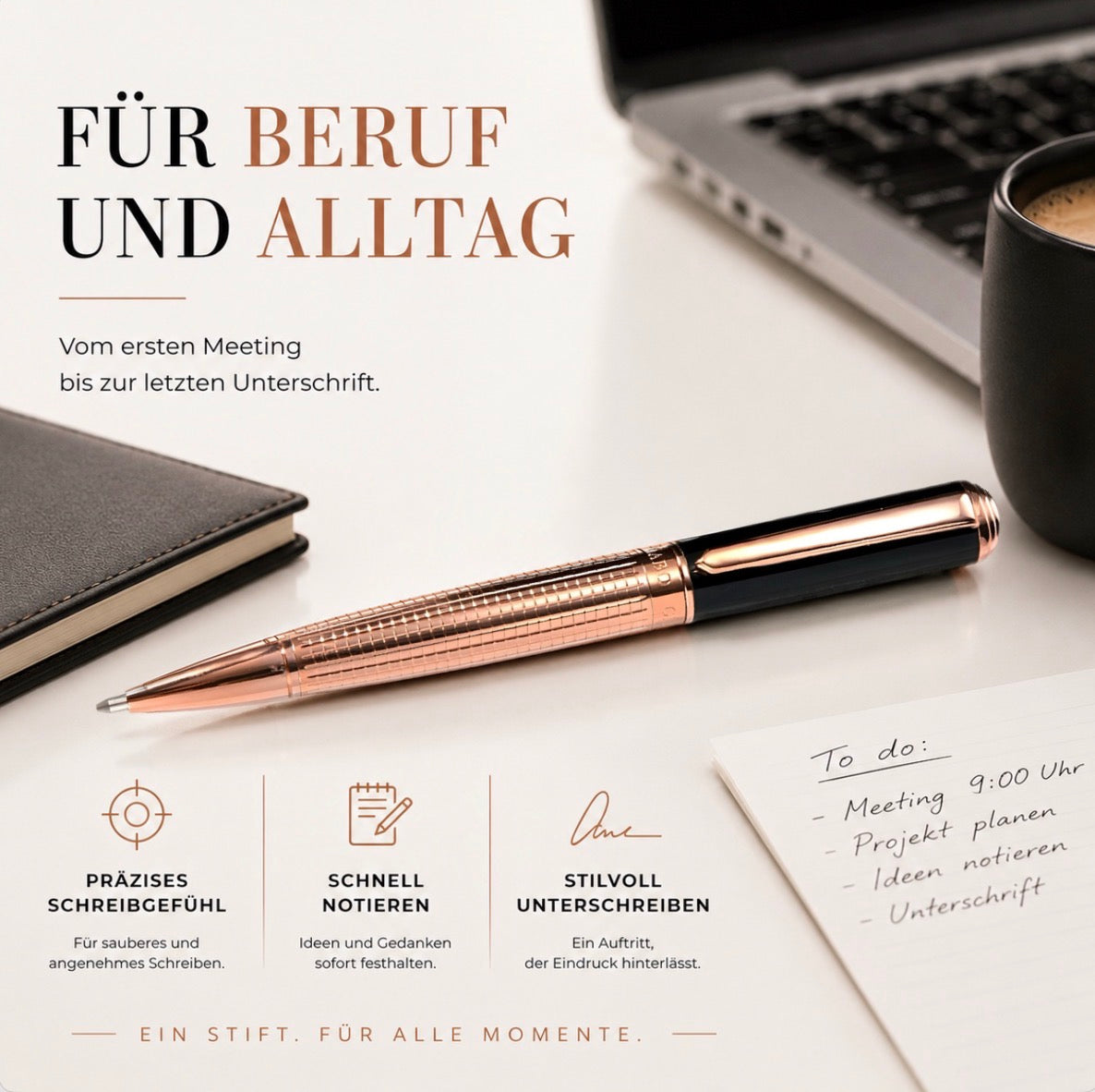 Gíabo Kasai Kugelschreiber auf dem Schreibtisch für Beruf und Alltag neben Notizbuch, Laptop und Tasse.