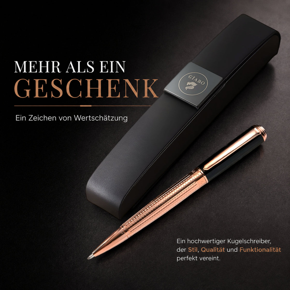Gíabo Kasai Kugelschreiber mit Etui als hochwertiges Geschenk auf dunklem Hintergrund.