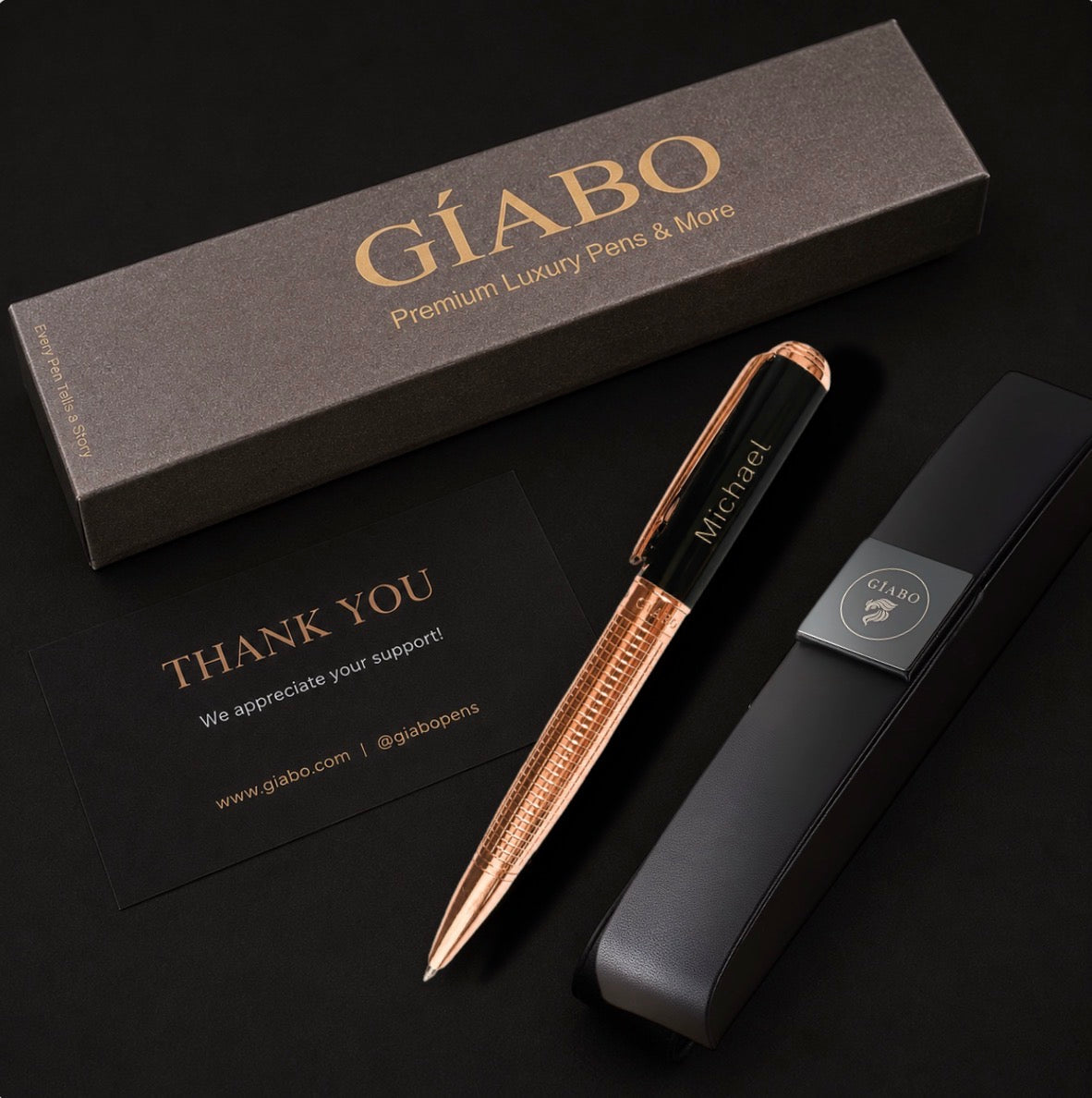 Gíabo Kasai Kugelschreiber mit persönlicher Gravur Geschenkbox schwarzem Etui und Dankeskarte