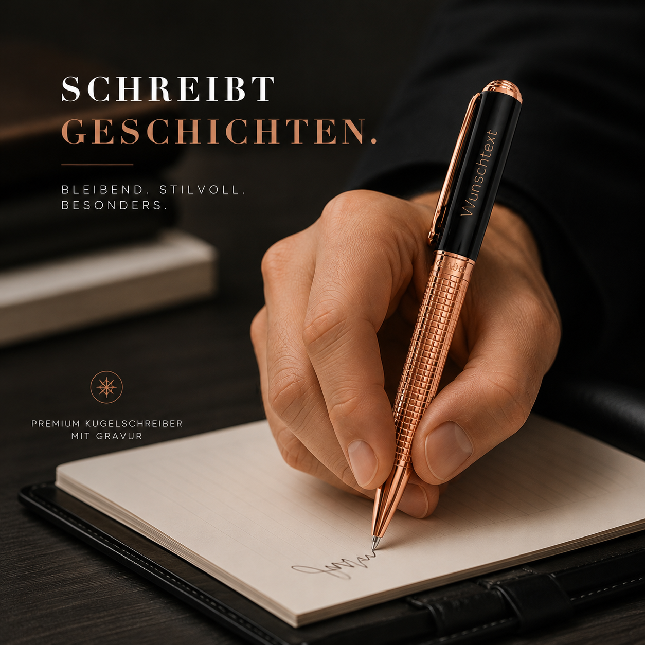 Gíabo Kasai Kugelschreiber mit persönlicher Gravur beim Schreiben in ein Notizbuch