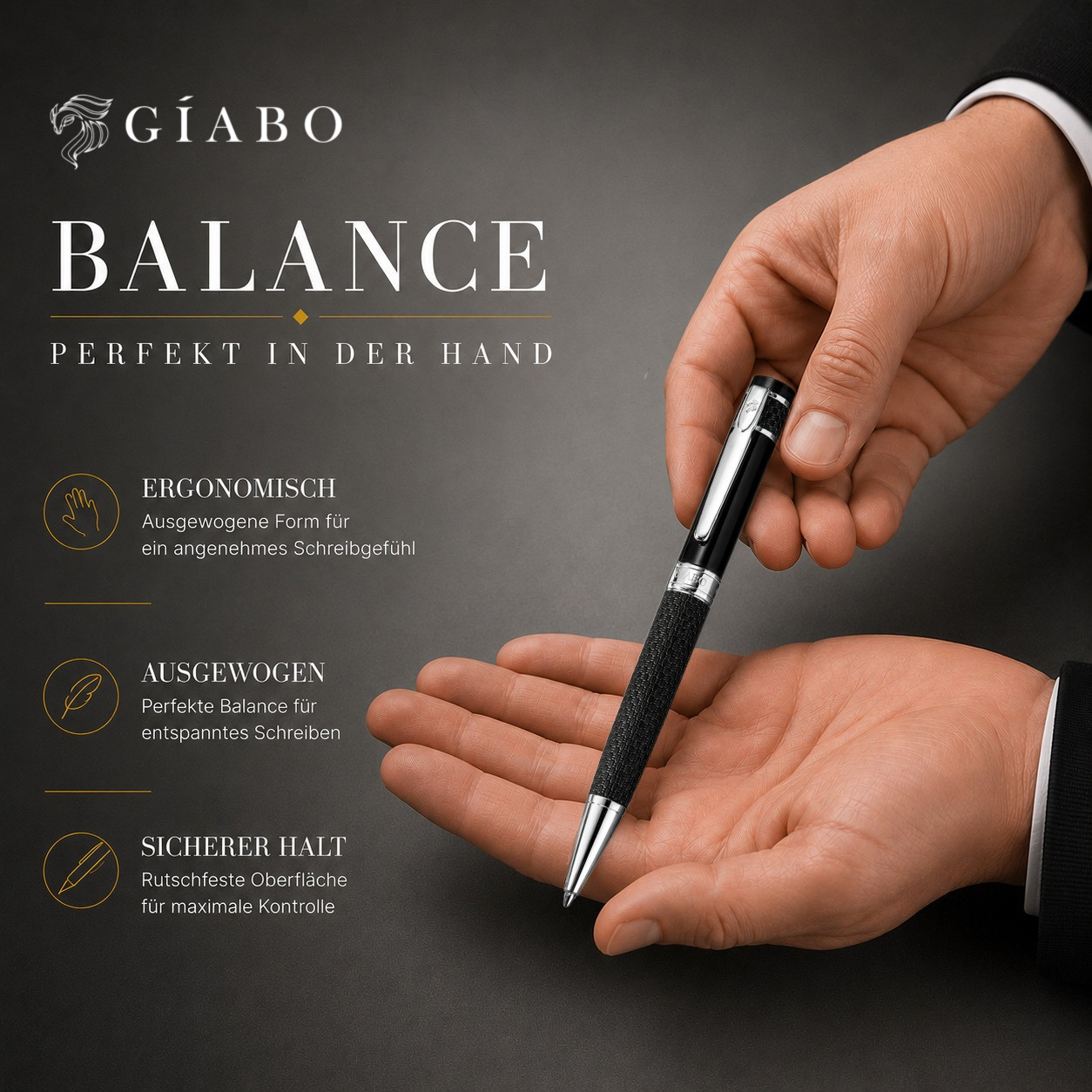 Gíabo Mokuzai Kugelschreiber liegt ausbalanciert in der Hand für ergonomisches Schreiben