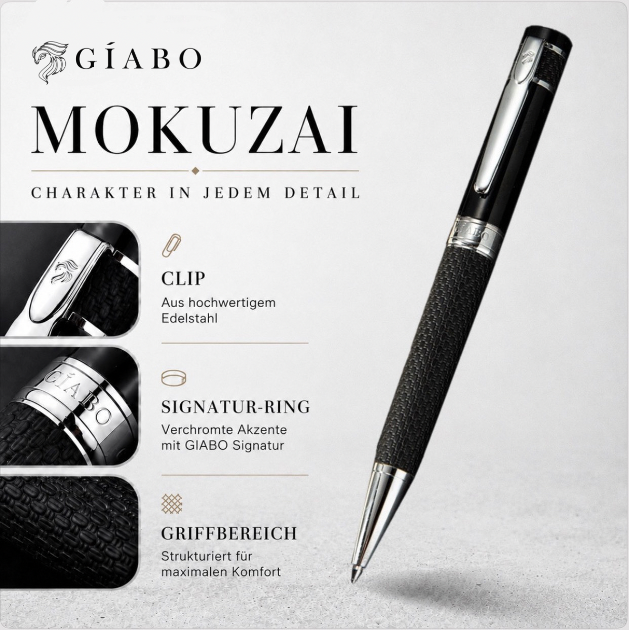 Detailansichten des Gíabo Mokuzai Kugelschreibers mit Clip, Signatur-Ring und strukturiertem Griffbereich