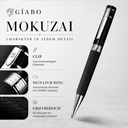 Detailansichten des Gíabo Mokuzai Kugelschreibers mit Clip, Signatur-Ring und strukturiertem Griffbereich