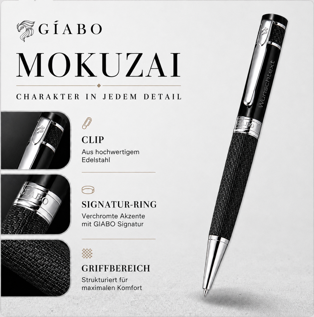 Detailansichten des Gíabo Mokuzai Kugelschreibers mit Gravur, Clip, Signatur-Ring und strukturiertem Griffbereich