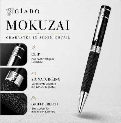 Detailansichten des Gíabo Mokuzai Kugelschreibers mit Gravur, Clip, Signatur-Ring und strukturiertem Griffbereich