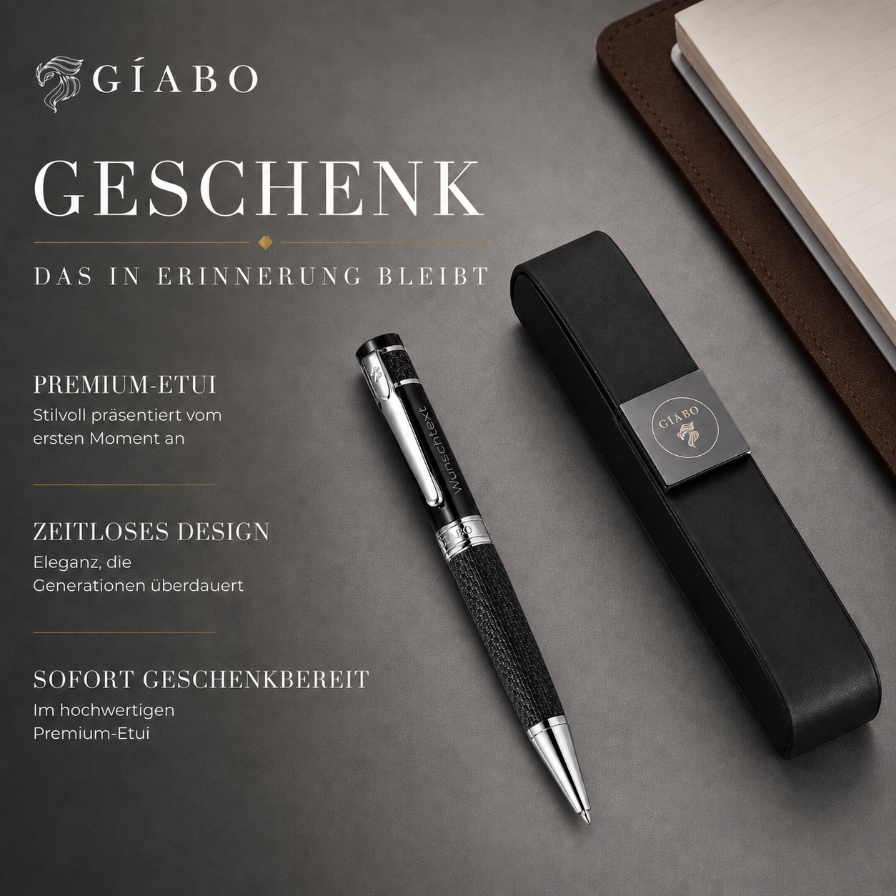 Personalisierter Gíabo Mokuzai Kugelschreiber mit Gravur und Premium-Etui als hochwertiges Geschenk