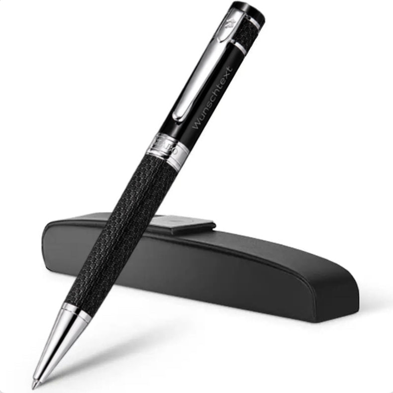 Personalisierter Gíabo Mokuzai Kugelschreiber in Schwarz und Silber mit Gravur und schwarzem Etui