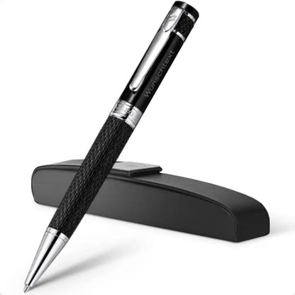 Personalisierter Gíabo Mokuzai Kugelschreiber in Schwarz und Silber mit Gravur und schwarzem Etui