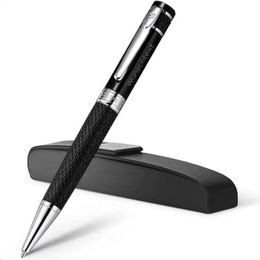 Personalisierter Gíabo Mokuzai Kugelschreiber in Schwarz und Silber mit Gravur und schwarzem Etui