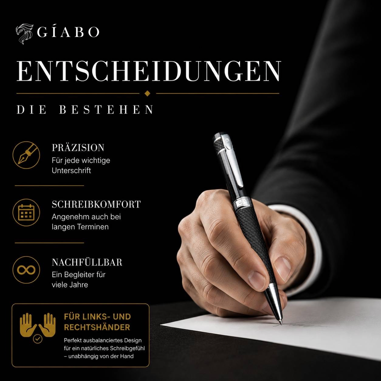 Gíabo Mokuzai Kugelschreiber beim Schreiben im Business-Alltag auf dunklem Hintergrund